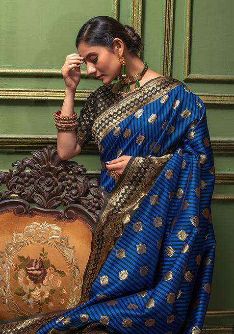Blue Woven Banarasi Silk Saree Set