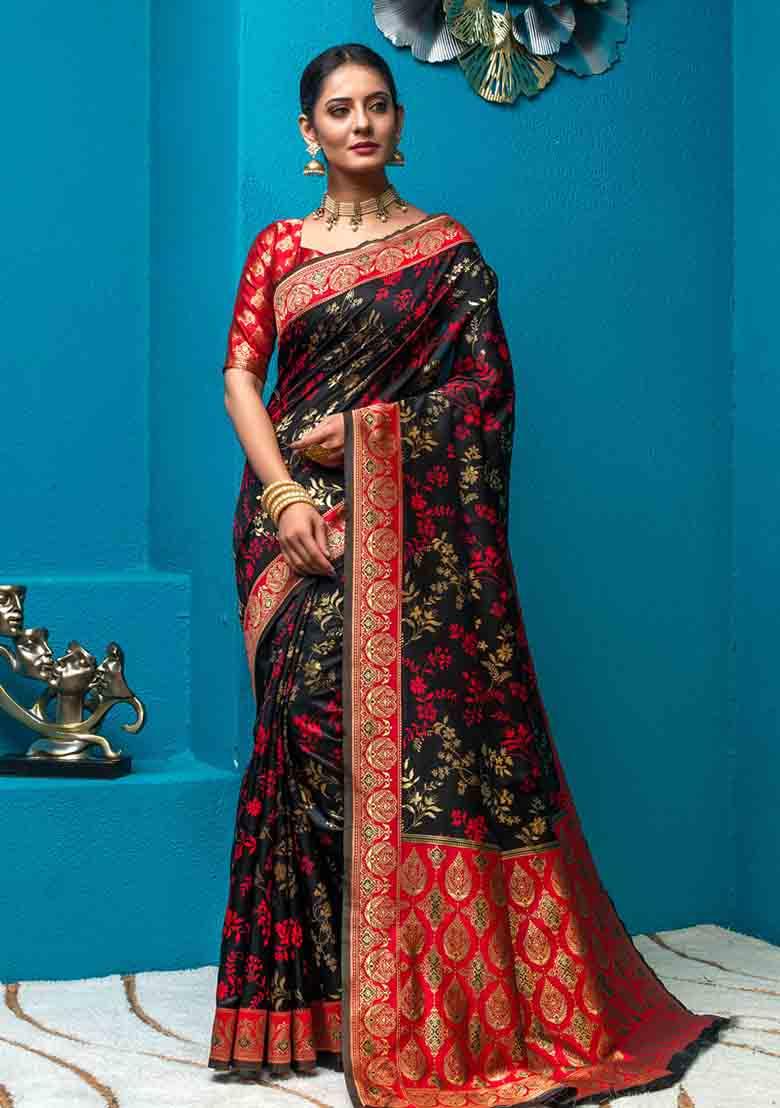 Black Woven Banarasi Silk Saree Set