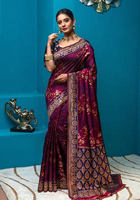 Magenta Woven Banarasi Silk Saree Set