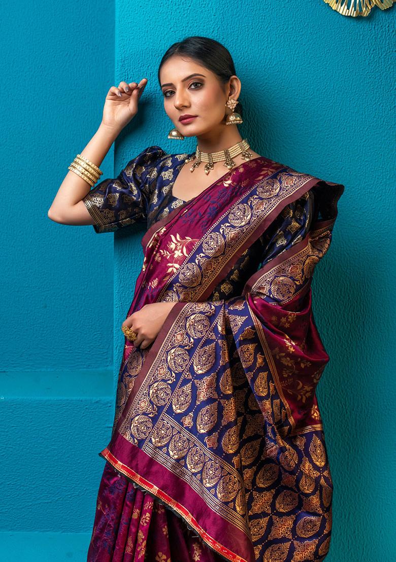 Magenta Woven Banarasi Silk Saree Set