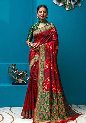 Red Woven Banarasi Silk Saree Set