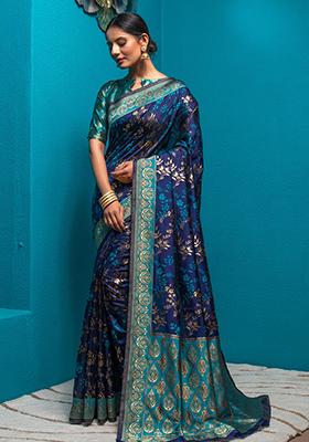 Blue Woven Banarasi Silk Saree Set
