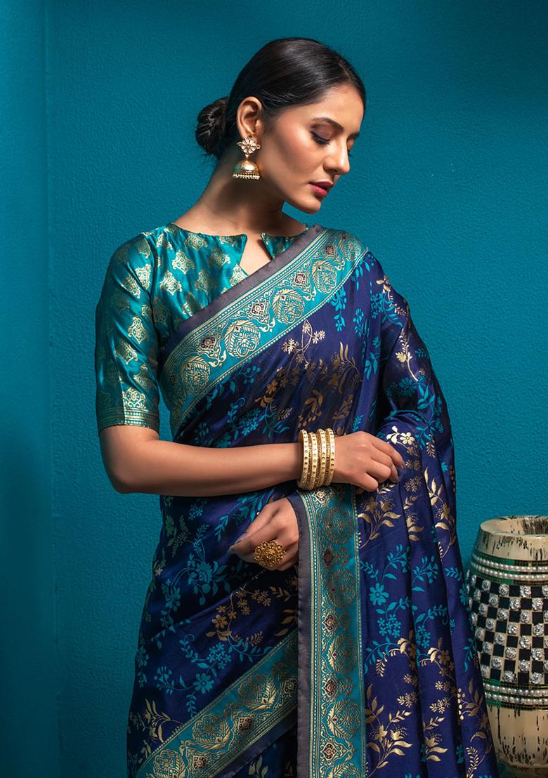 Blue Woven Banarasi Silk Saree Set