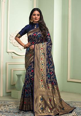 Navy Blue Woven Banarasi Silk Saree Set