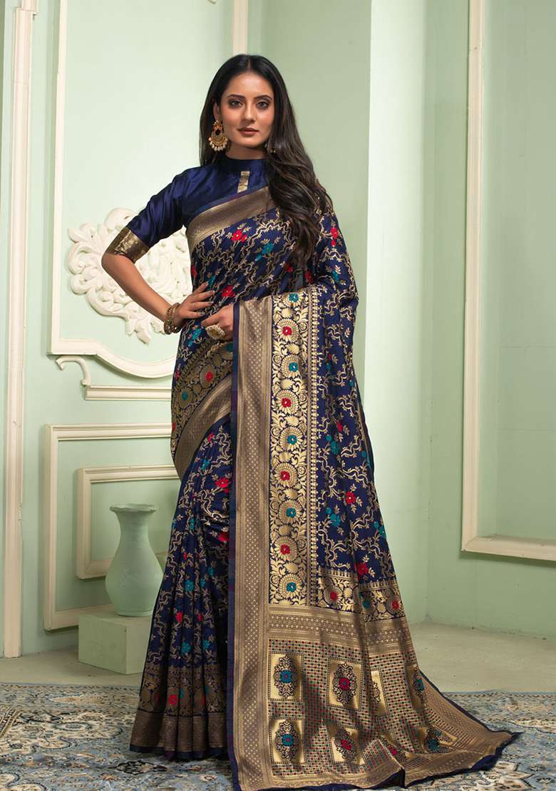 Navy Blue Woven Blend Banarasi Silk Saree Set for Diwali | Wedding & Festive Wear - Indya