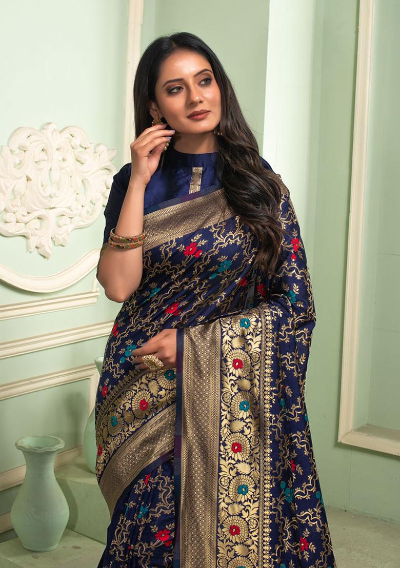 Navy Blue Woven Banarasi Silk Saree Set