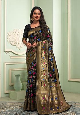 Black Woven Banarasi Silk Saree Set