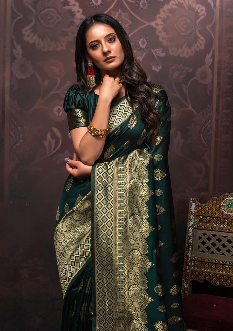 Green Woven Banarasi Silk Saree Set