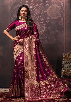 Magenta Woven Banarasi Silk Saree Set