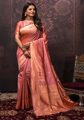 Peach Woven Banarasi Silk Saree Set