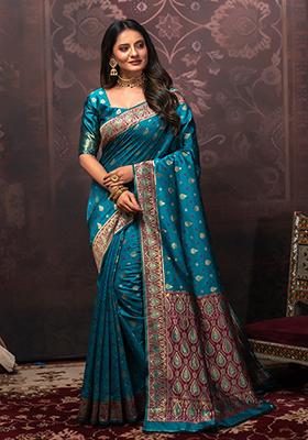 Blue Woven Banarasi Silk Saree Set