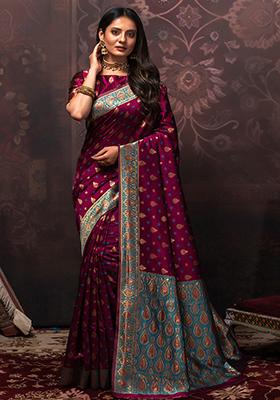 Wine Woven Banarasi Silk Saree Set