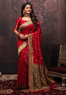 Red Woven Banarasi Silk Saree Set