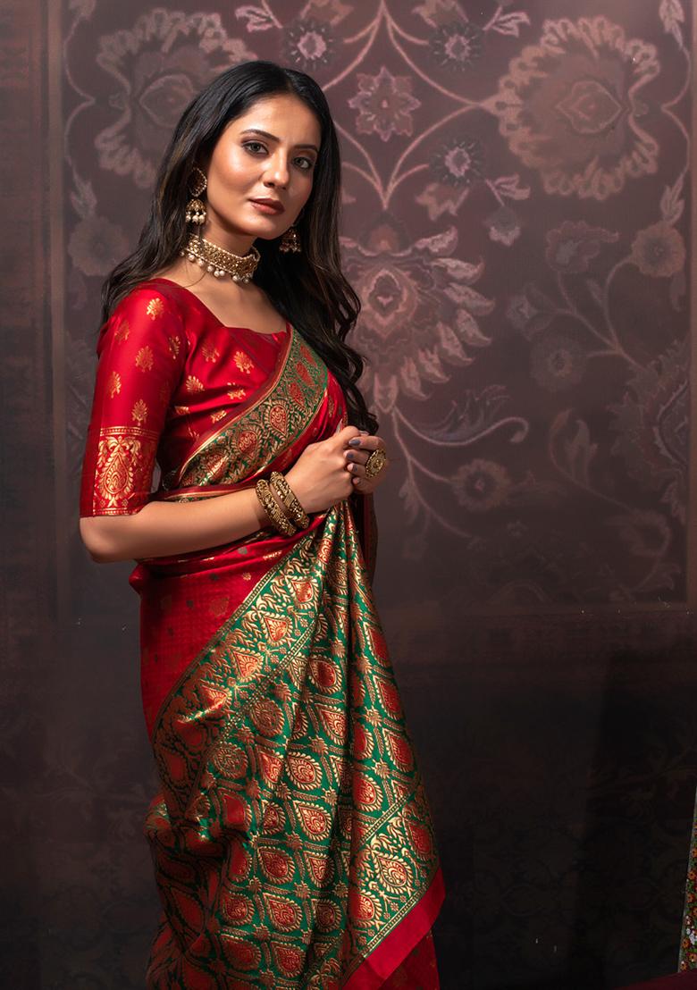 Red Woven Banarasi Silk Saree Set