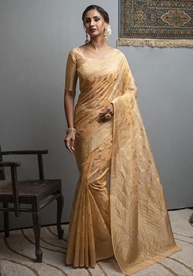 Light Orange Woven Organza Saree Set