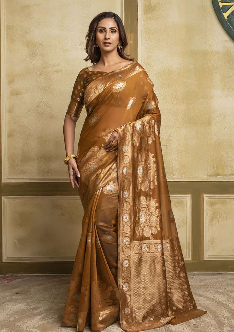 Tan Woven Cotton Saree Set for Diwali and Festive Wear - Indya