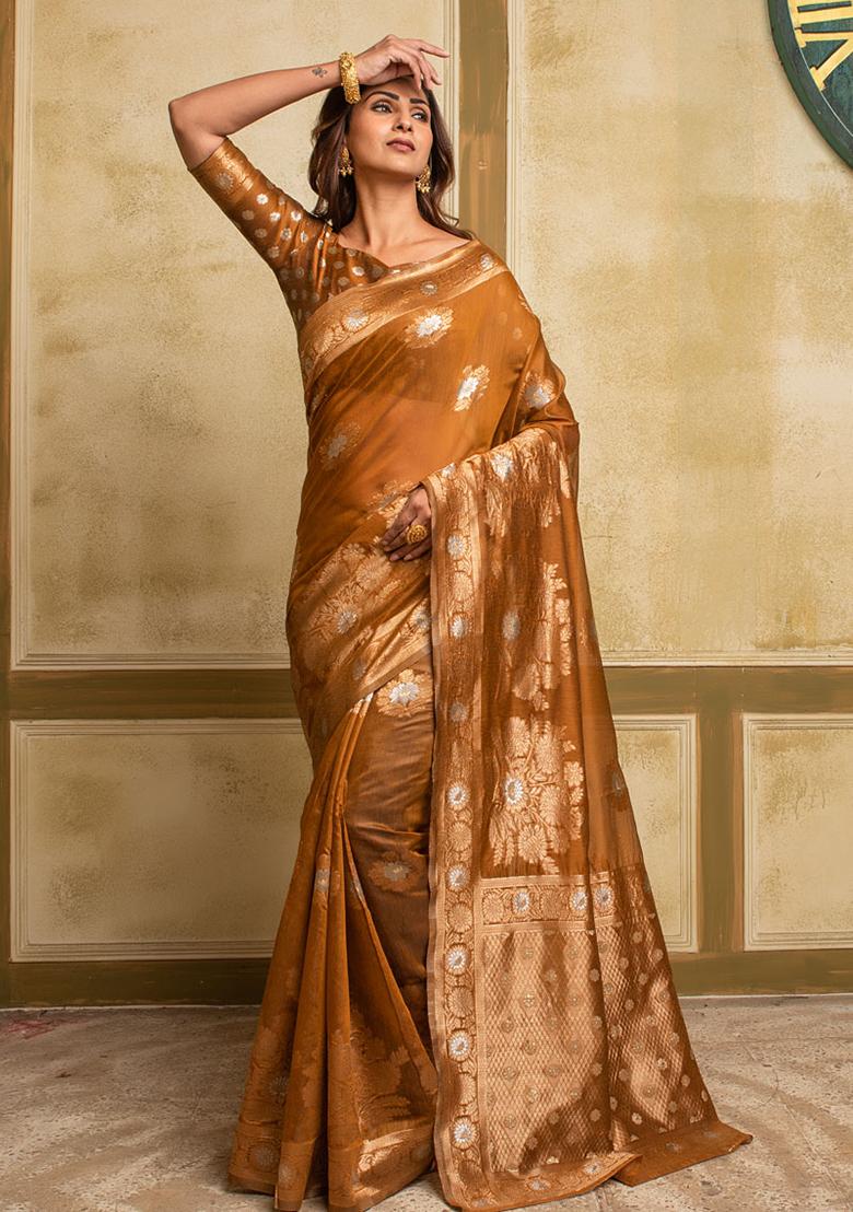 Tan Woven Cotton Saree Set