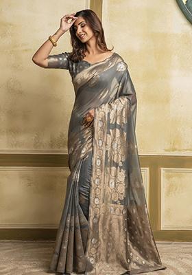 Grey Woven Cotton Saree Set