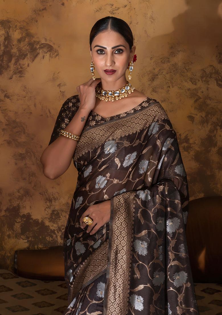 Coffee Brown Woven Cotton Saree Set