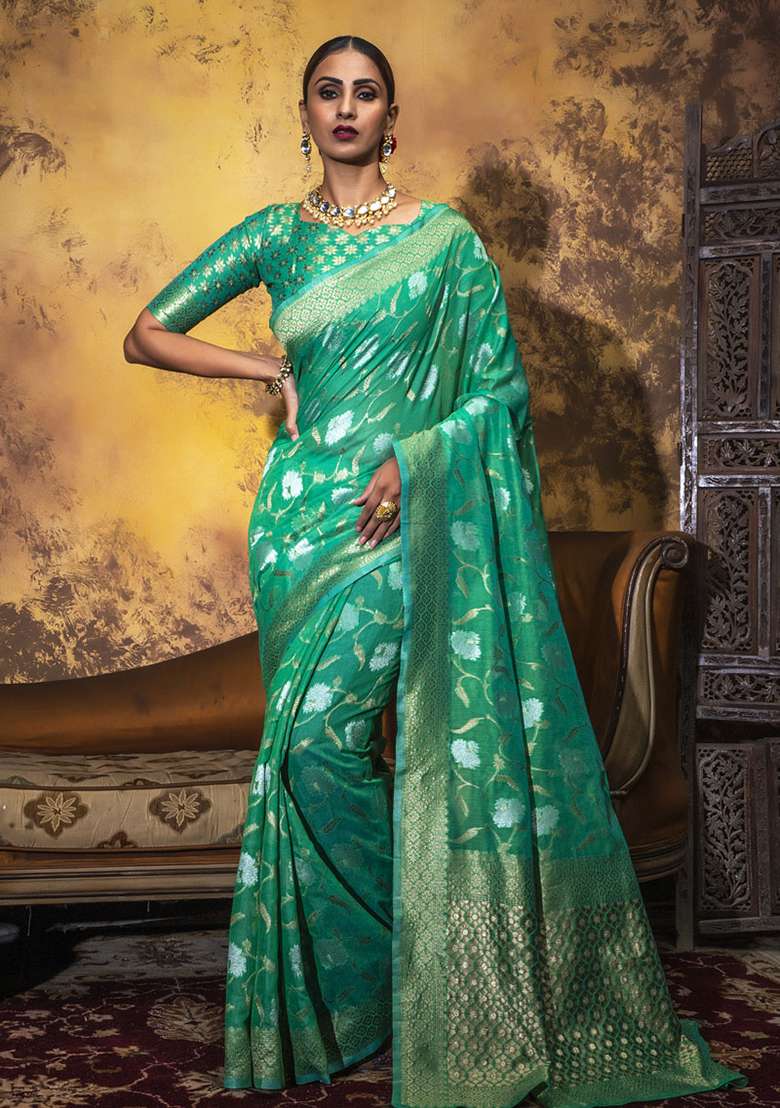 Sea Green Woven Cotton Saree Set - Indya