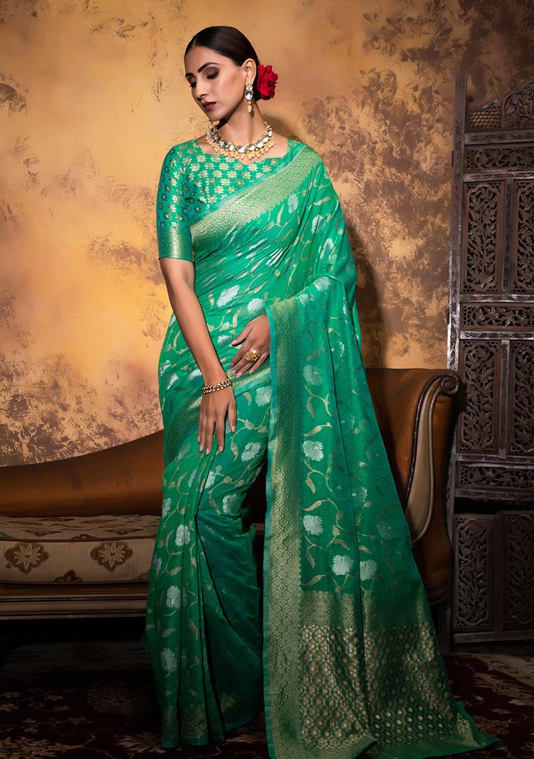 Sea Green Woven Cotton Saree Set