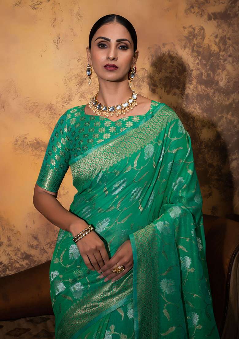 Sea Green Woven Cotton Saree Set - Indya
