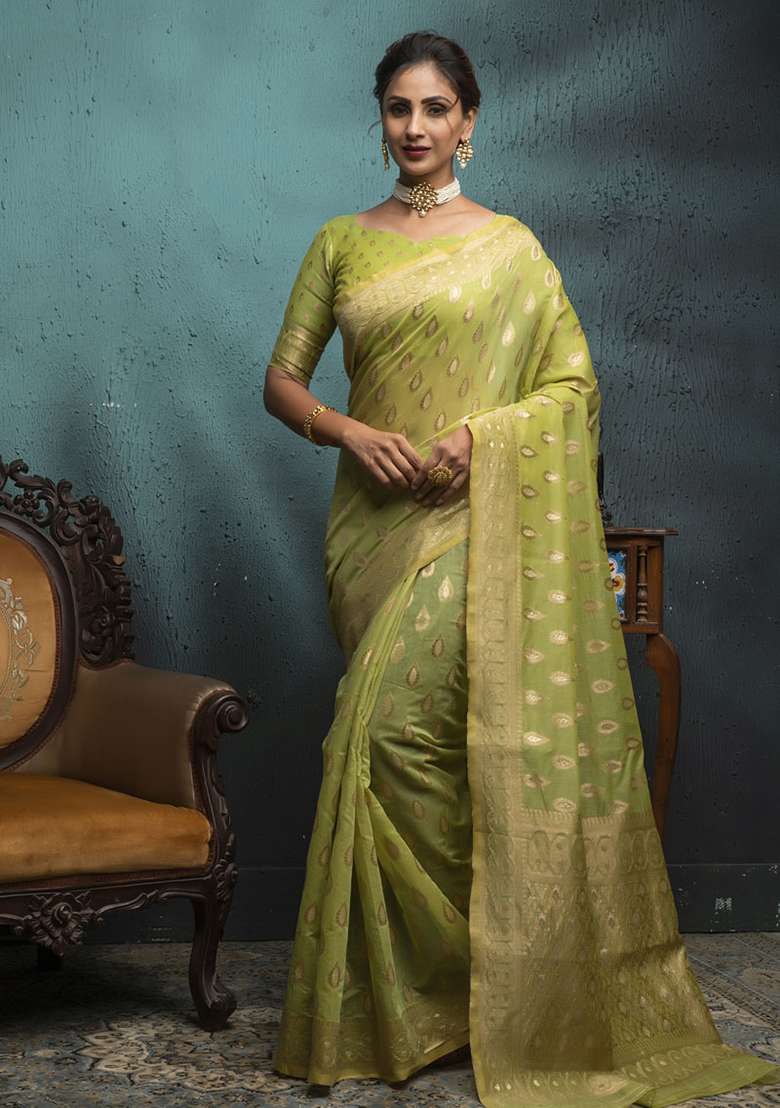 Olive Woven Cotton Saree Set for Diwali and Festive Wear - Indya