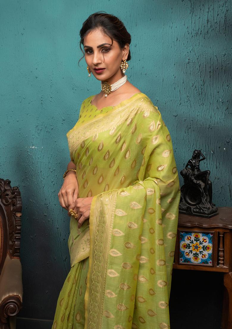 Olive Woven Cotton Saree Set