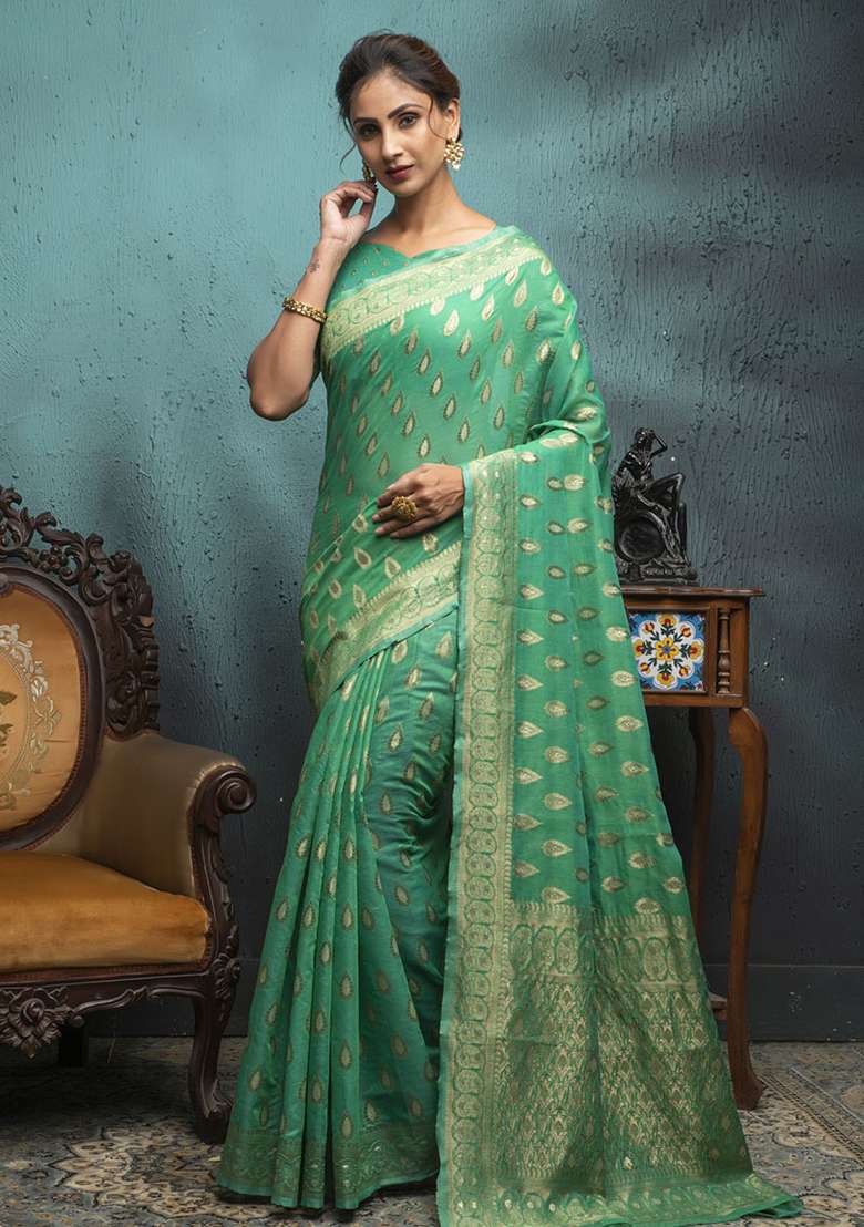 Sea Green Woven Cotton Saree Set for Diwali | Wedding & Festive Wear - Indya