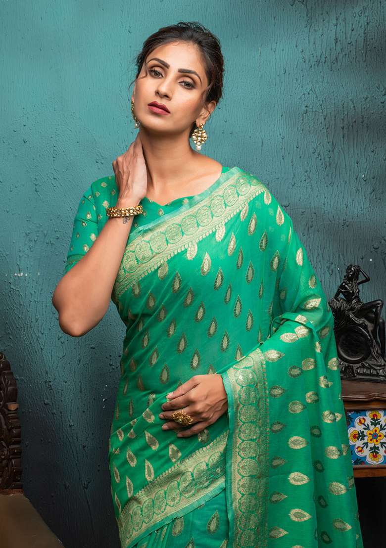 Sea Green Woven Cotton Saree Set for Diwali | Wedding & Festive Wear - Indya