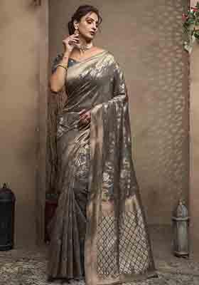 Grey Woven Cotton Saree Set