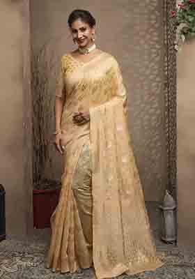 Cream Woven Cotton Saree Set