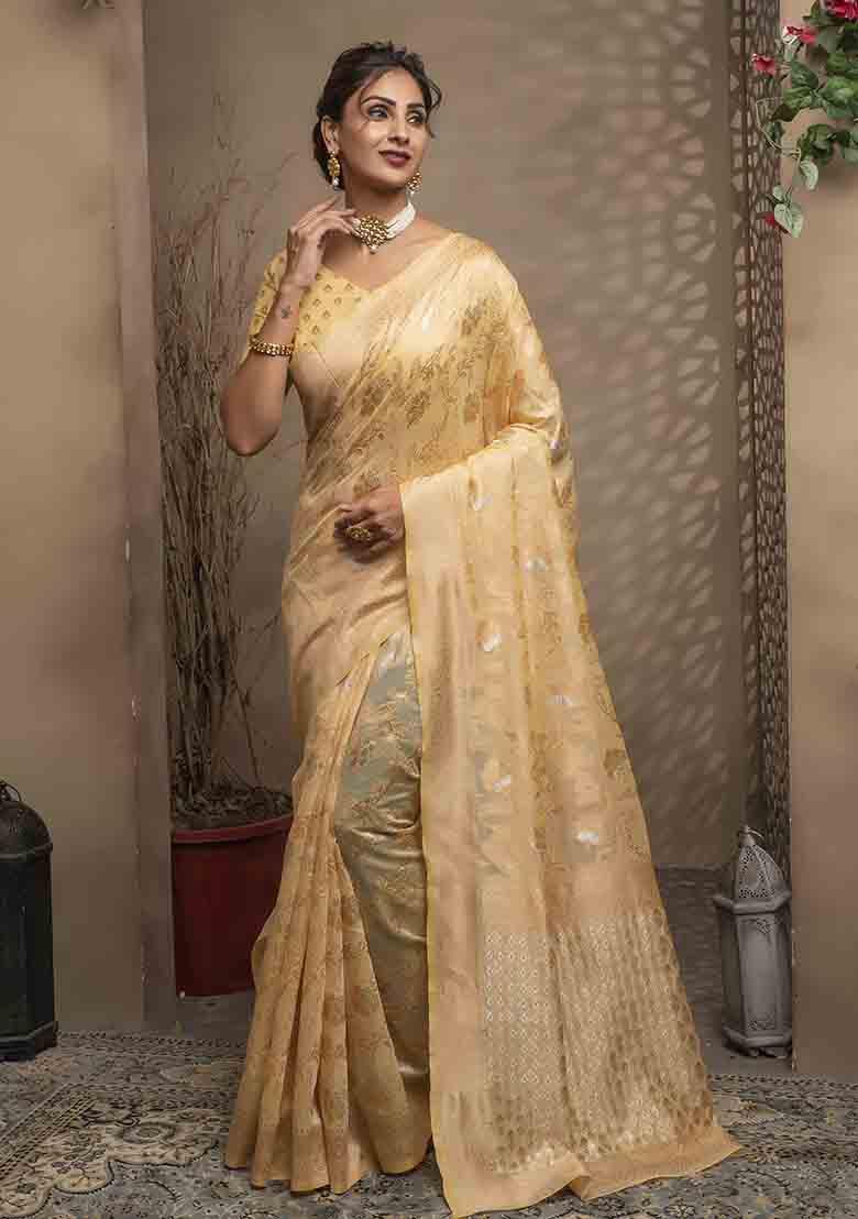 Cream Woven Cotton Saree Set