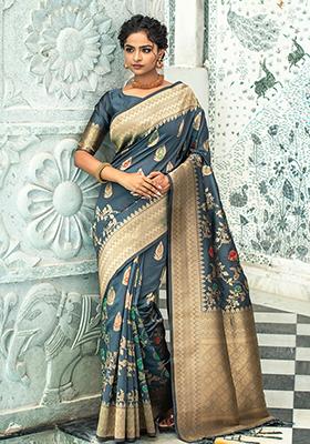 Grey Woven Banarasi Silk Saree Set