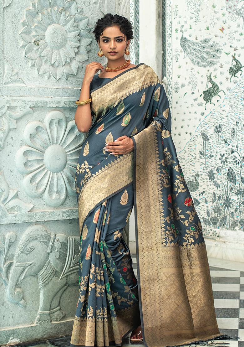 Grey Woven Banarasi Silk Saree Set
