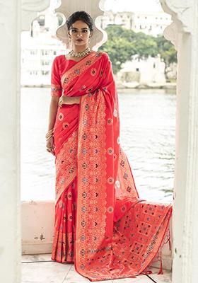 Pink Woven Silk Blend Saree Set