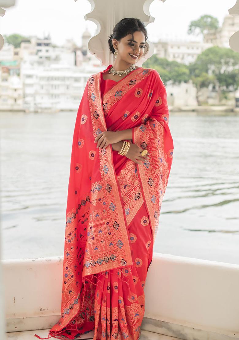 Pink Woven Silk Blend Saree Set