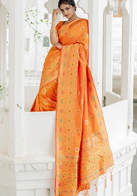 Mustard Woven Silk Blend Saree Set