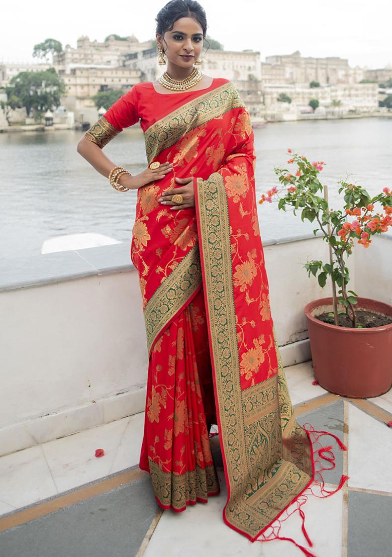 Red Woven Silk Blend Saree Set
