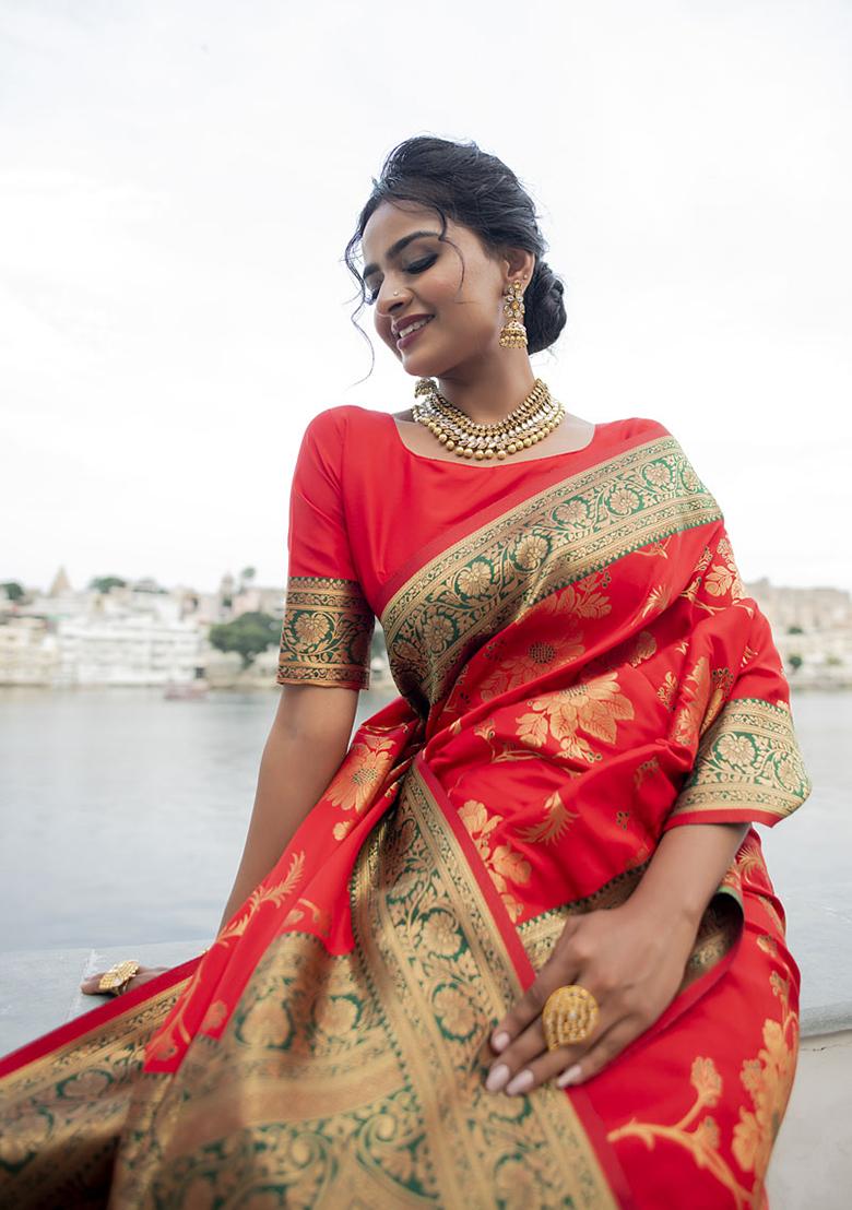 Red Woven Silk Blend Saree Set