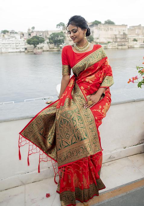 Red Woven Silk Blend Saree Set
