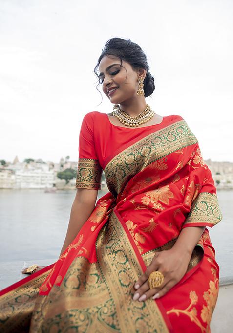 Red Woven Silk Blend Saree Set