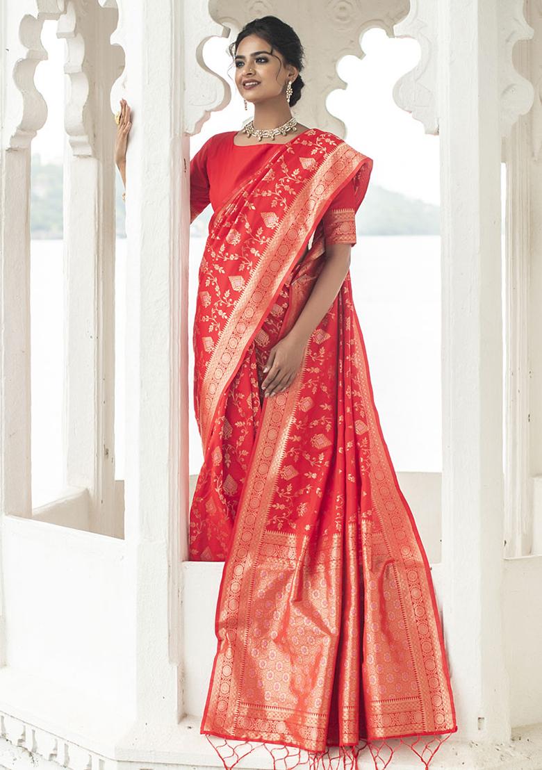 Red Woven Silk Blend Saree Set