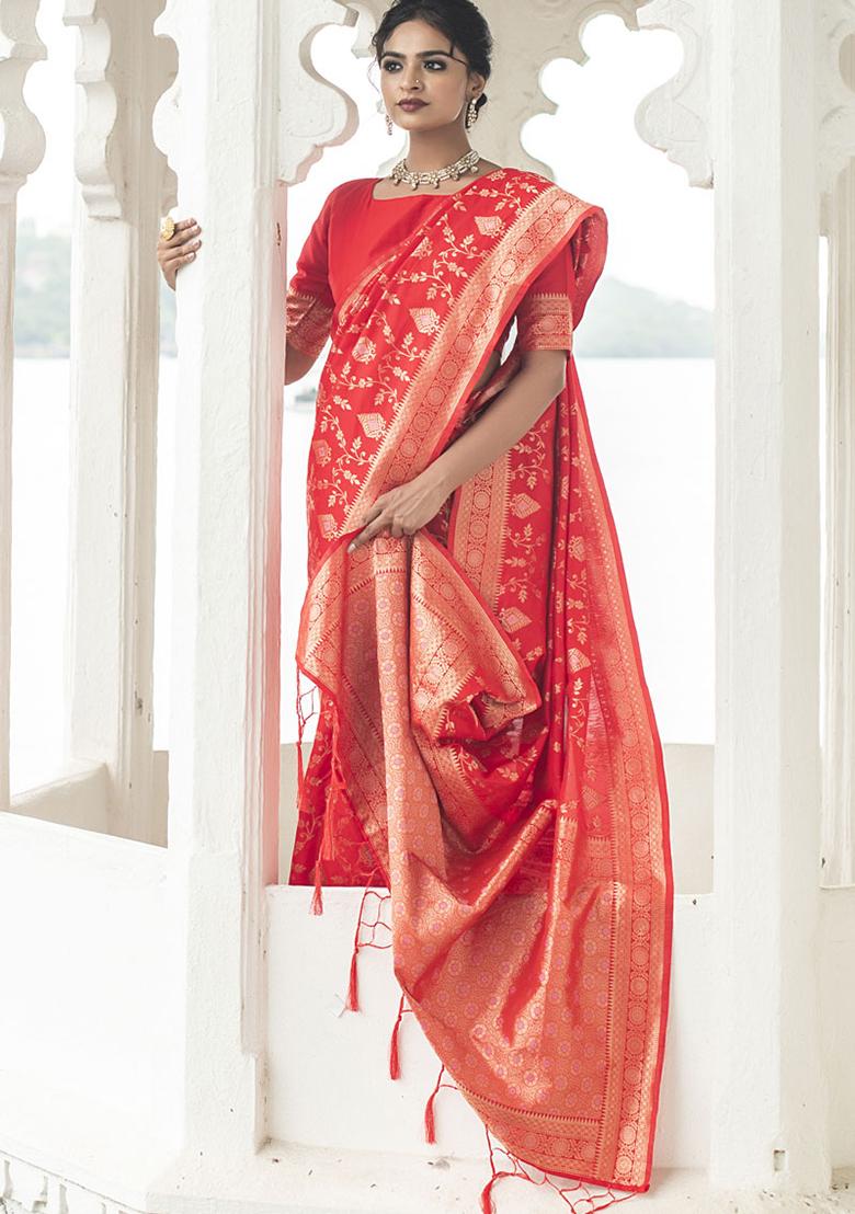 Red Woven Silk Blend Saree Set