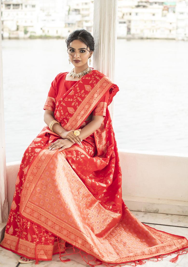 Red Woven Silk Blend Saree Set