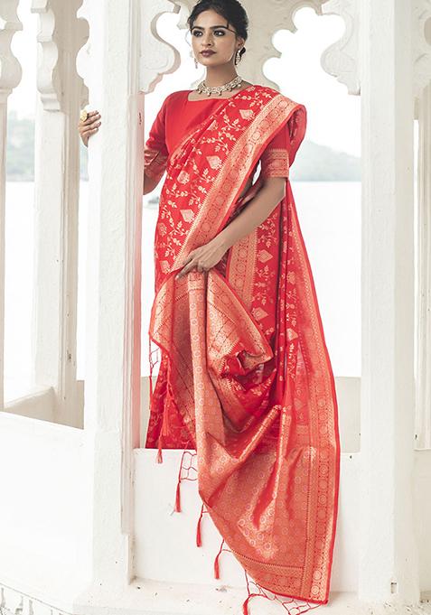 Red Woven Silk Blend Saree Set