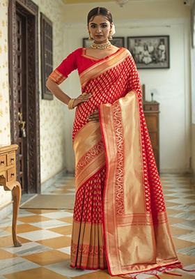 Red Woven Silk Blend Saree Set