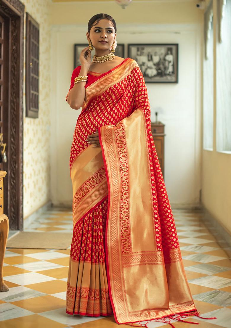 Red Woven Silk Blend Saree Set