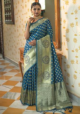 Blue Woven Silk Blend Saree Set