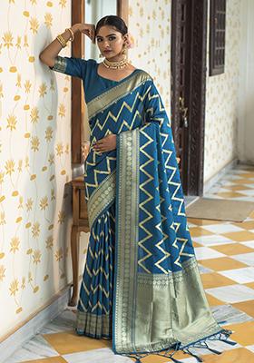 Blue Woven Silk Blend Saree Set
